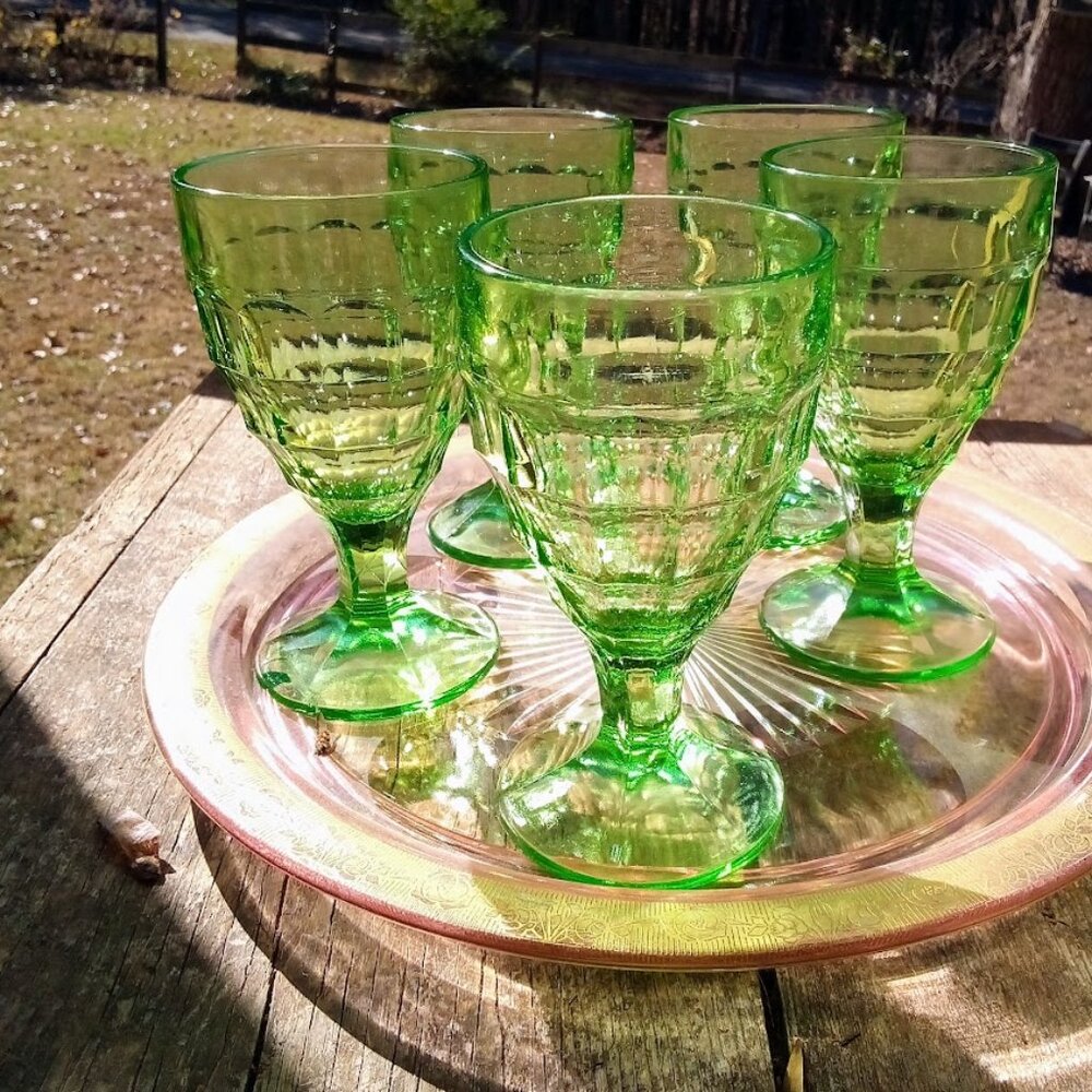 Block optic green depression water glass set of five ec